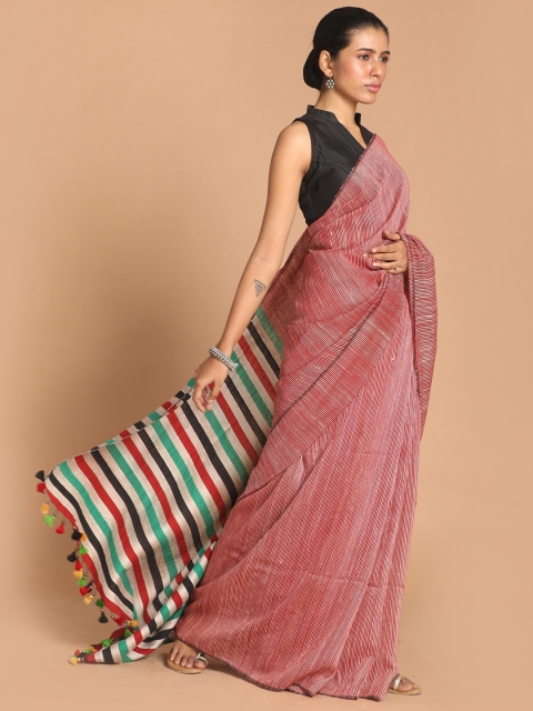 

Indethnic Orange & White Striped Pure Silk Tussar Saree