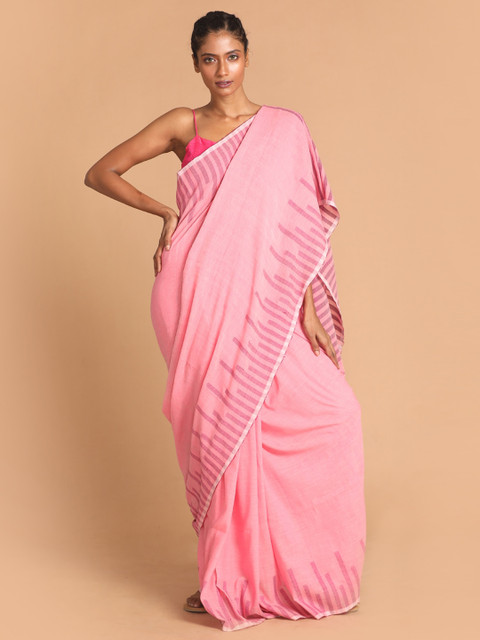 

Indethnic Pink Pure Cotton Jamdani Saree