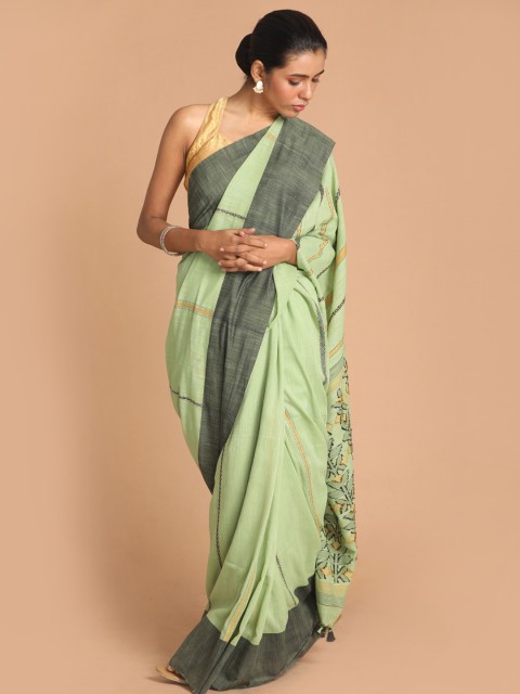 

Indethnic Green & Grey Striped Pure Cotton Jamdani Saree