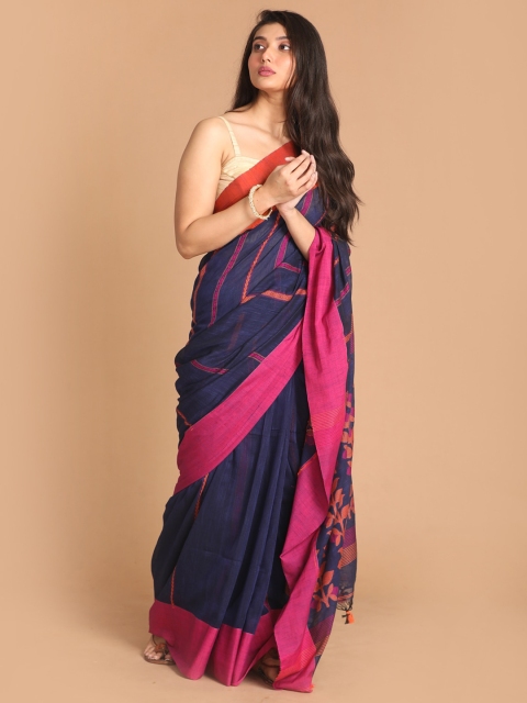 

Indethnic Navy Blue & Pink Woven Design Pure Cotton Jamdani Saree