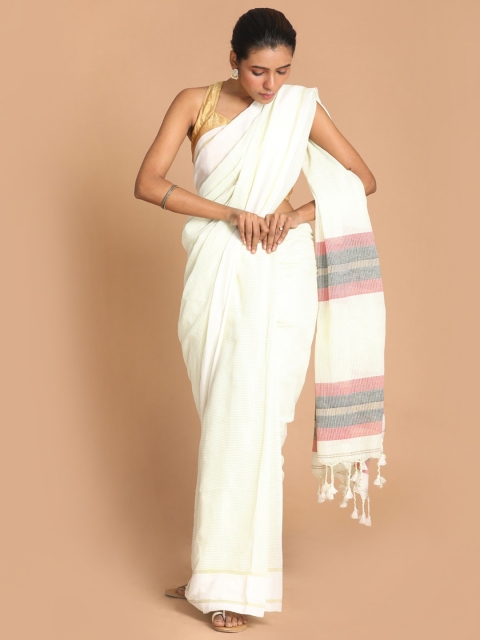 

Indethnic White & Pink Striped Zari Pure Cotton Jamdani Saree