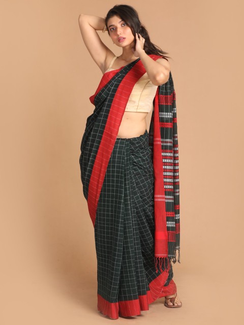 

Indethnic Black & Red Checked Pure Cotton Jamdani Saree