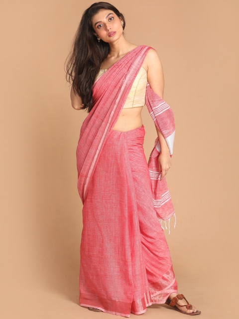 

Indethnic Red & Silver-Toned Zari Pure Cotton Jamdani Saree