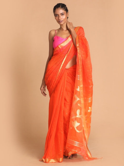 

Indethnic Orange & Gold-Toned Striped Zari Jamdani Saree