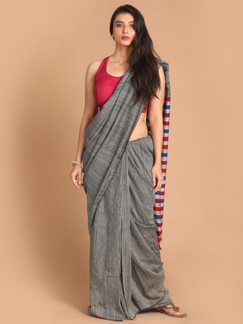 

Indethnic Grey & Maroon Striped Pure Silk Tussar Saree