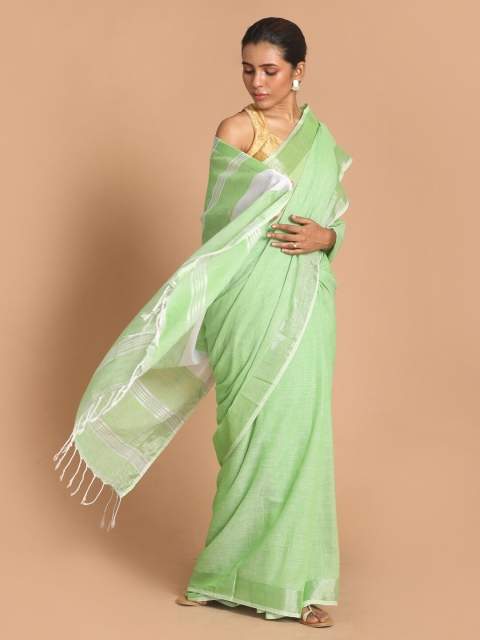 

Indethnic Green & White Zari Pure Cotton Jamdani Saree