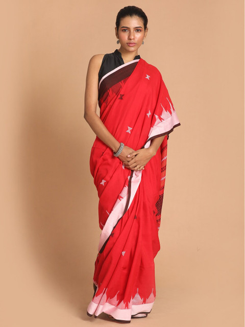 

Indethnic Red & Brown Woven Design Zari Pure Cotton Jamdani Saree