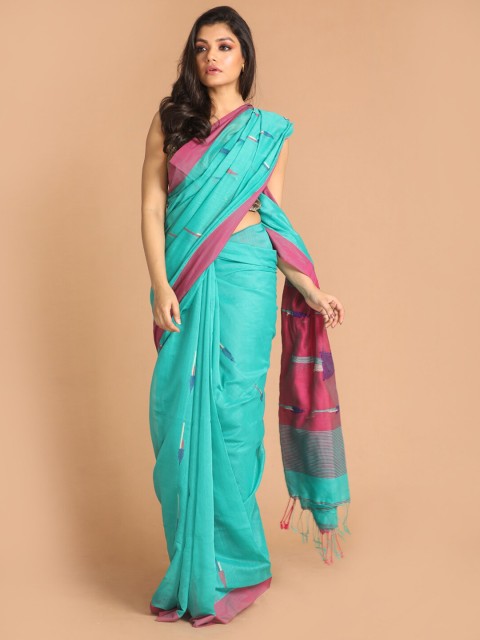 

Indethnic Women Sea Green Woven Design Cotton Blend Jamdani Saree