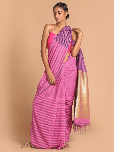 

Indethnic Pink & Blue Striped Zari Pure Cotton Jamdani Saree