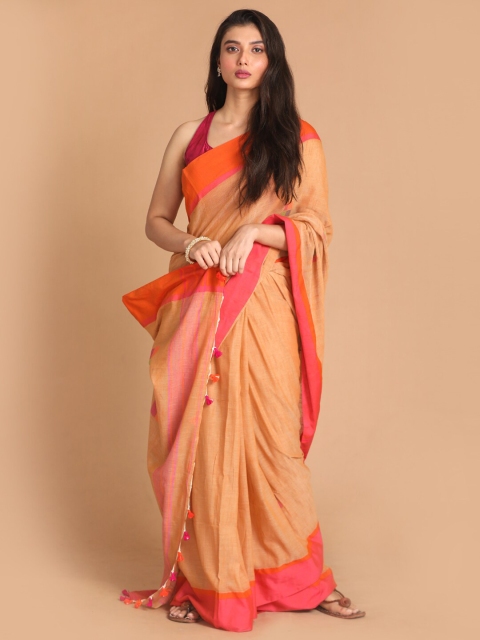 

Indethnic Beige & Orange Pure Cotton Jamdani Saree