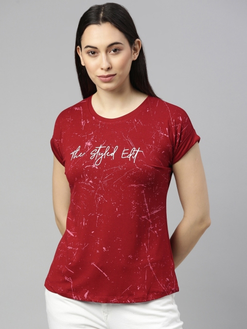 

GOLDSTROMS Women Red Printed Extended Sleeves Raw Edge T-shirt