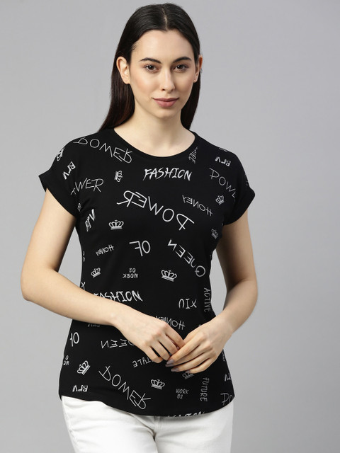 

GOLDSTROMS Women Black & White Printed T-shirt