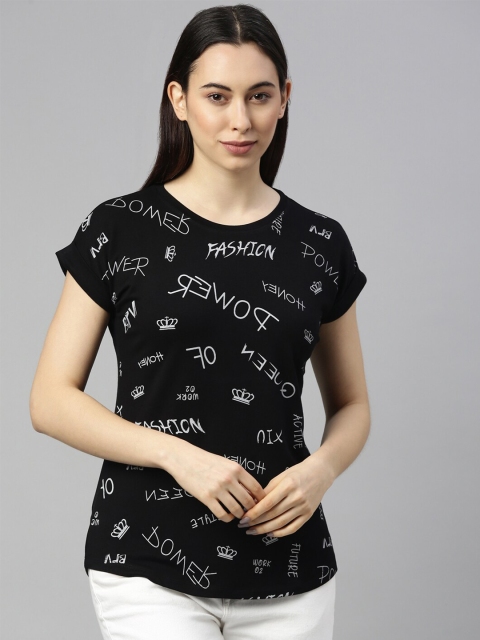 

GOLDSTROMS Women Black & White Typography Printed Extended Sleeves T-shirt