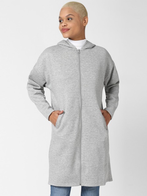 

FOREVER 21 Women Grey Longline Hooded Tailored Jacket