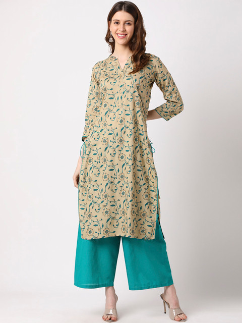 

THE NKS PLUS Women Green & Blue Floral Printed Pure Cotton Kurta with Palazzos