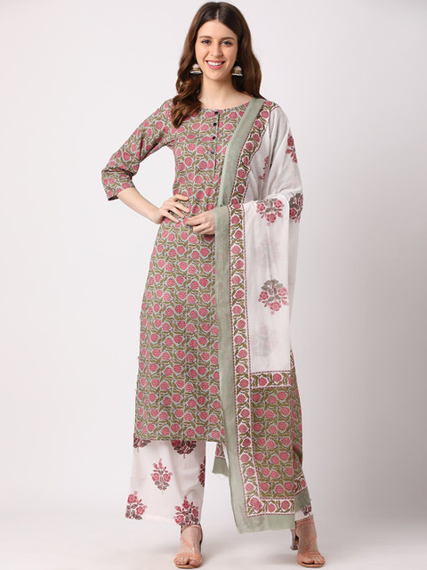 

THE NKS PLUS Women Green Striped Panelled Pure Cotton Kurta with Sharara & With Dupatta