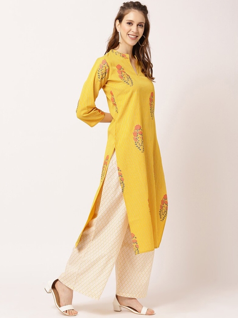 

THE NKS PLUS Women Yellow Printed Pure Cotton Kurta with Palazzos & Dupatta