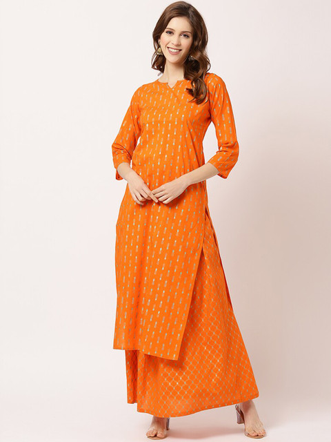 

THE NKS PLUS Women Orange Ethnic Motifs Printed Pure Cotton Kurta with Skirt
