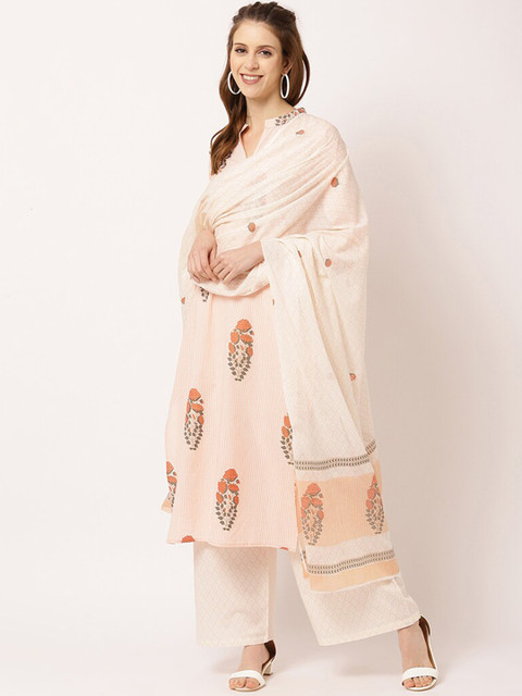 

THE NKS PLUS Women Peach-Coloured Floral Printed Pure Cotton Kurta with Palazzos & With Dupatta