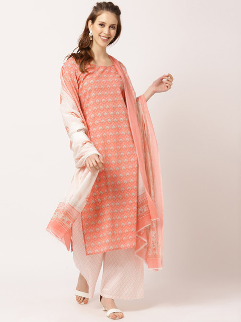 

THE NKS PLUS Women Peach-Coloured Printed Pure Cotton Kurta with Trousers & With Dupatta