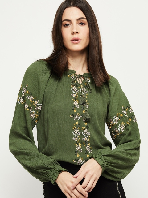 

max Olive Green Floral Print Tie-Up Neck Top