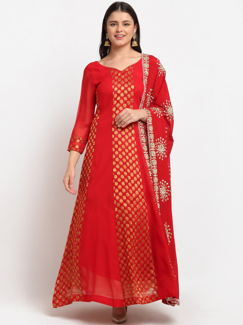 

anokherang Women Red Ethnic Motifs Georgette Anarkali Kurta with Dupatta