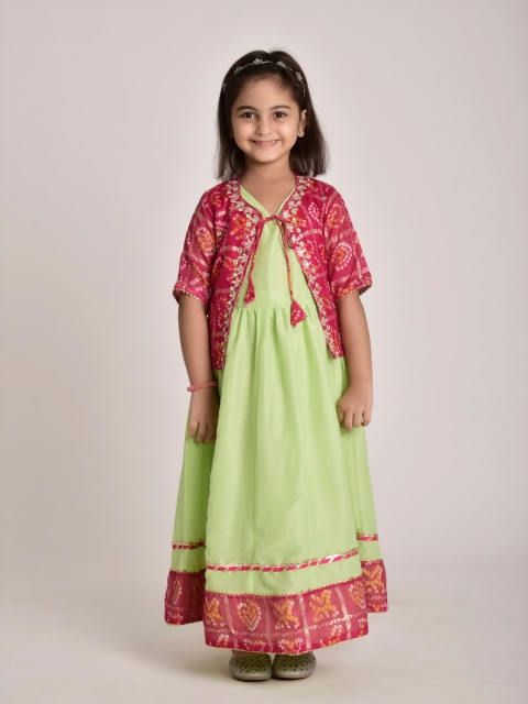 

CUTE LEMONS Girls Green & Pink Printed Dress With Coat