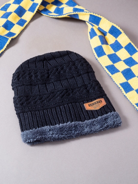 

Golden Peacock Unisex Black & Grey Self Design Beanie Cap