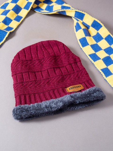 

Golden Peacock Unisex Maroon & Grey Beanie