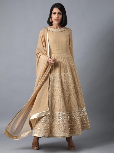 

WISHFUL Beige Embellished Ethnic Maxi Dress With Dupatta