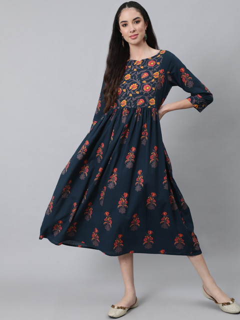 

Nayo Blue & Pink Floral Ethnic A-Line Midi Dress