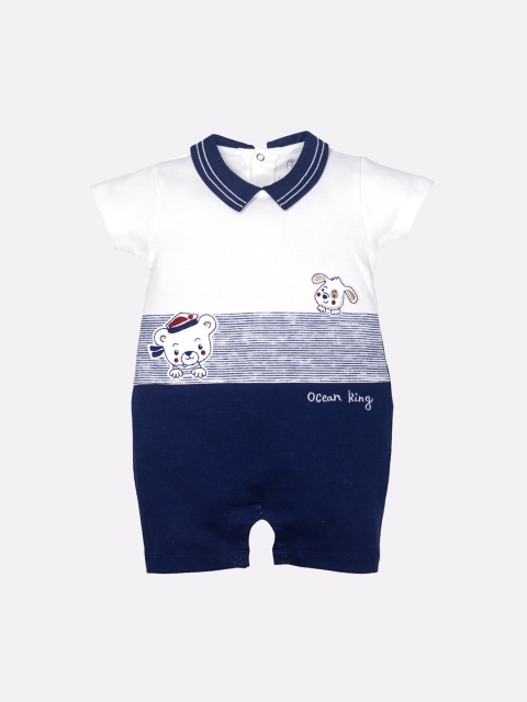

BABY GO Boys Navy-Blue & White Printed Pure Cotton Rompers