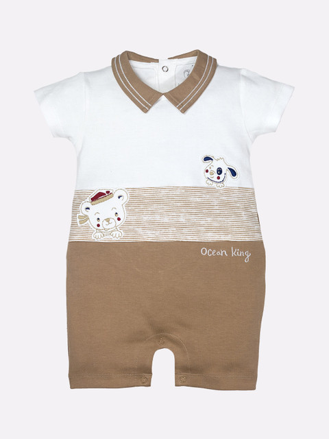 

BABY GO Infant Boys Brown & White Printed Pure Cotton Rompers