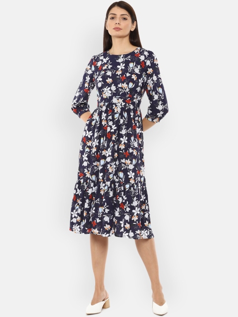 

Van Heusen Woman Women Navy Blue & White Floral Round Neck Fit & Flare Dress