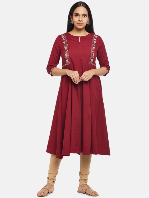 

RANGMANCH BY PANTALOONS Women Red Keyhole Neck Pure Cotton Kurta