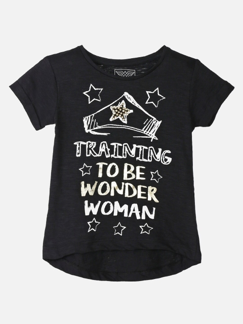 

Kids Ville Girls Black Wonder Woman Printed Pure Cotton T-shirt