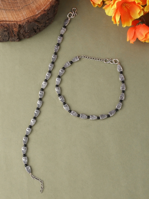 

VIRAASI Women Set of 2 Oxidised Textured Owl Design Anklets, Silver