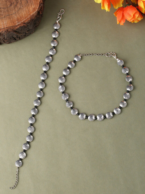 

VIRAASI Silver-Toned Oxidised Textured Set of 2 Anklets