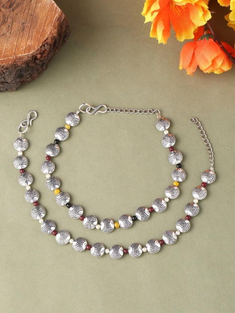 

VIRAASI Set Of 2 Silver-Toned Oxidised Textured Anklets