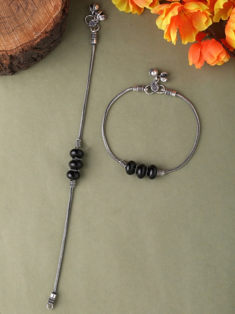 

VIRAASI Set of 2 Silver-Toned & Black Beaded Oxidised Anklets