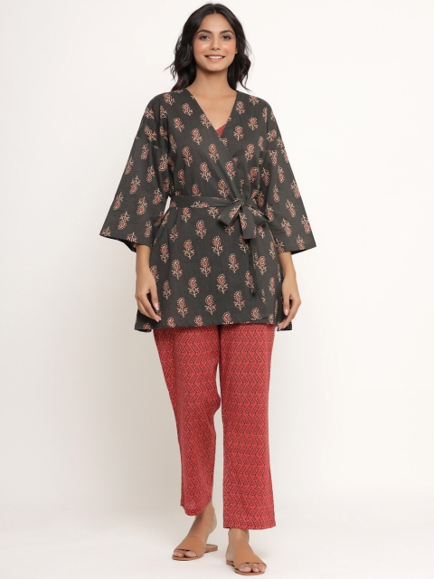 

JISORA Women Black & Red Printed Pure Cotton Three-Piece Night suit