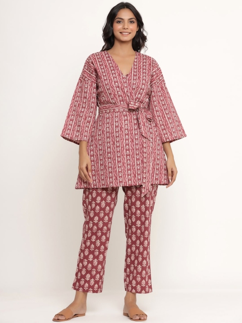 

JISORA Women Red & White Printed Pure Cotton Night Suit With Shrug