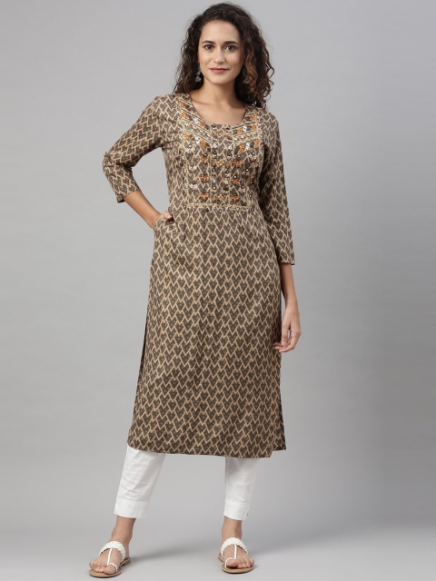 

Neerus Women Brown Geometric Printed Thread Work Kurta