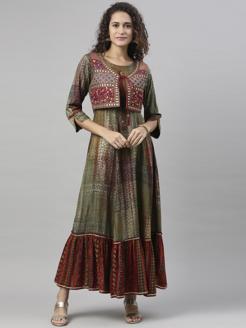 

Neerus Women Olive Green Ethnic Motifs Printed Keyhole Neck Flared Sleeves Anarkali Kurta