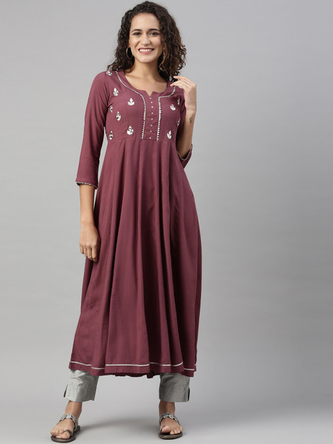 

Neerus Women Burgundy Embroidered Thread Work Anarkali Kurta