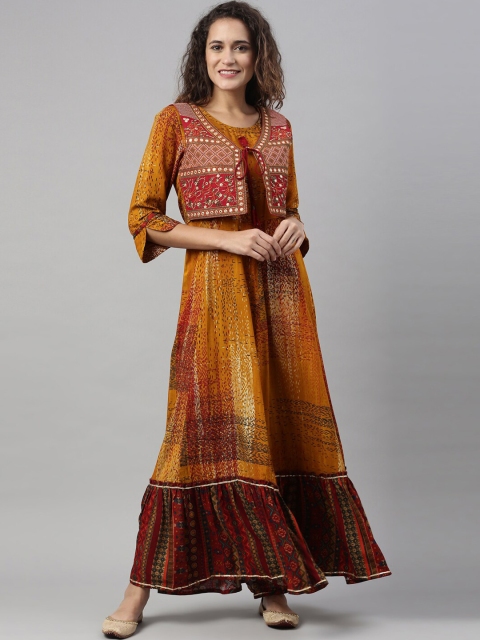 

Neerus Women Mustard Yellow Ethnic Motifs Printed Keyhole Neck Flared Sleeves Anarkali Kurta