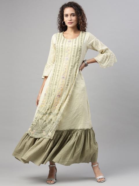 

Neerus Women Olive Green Ethnic Motifs Printed Flared Sleeves Thread Work Anarkali Kurta