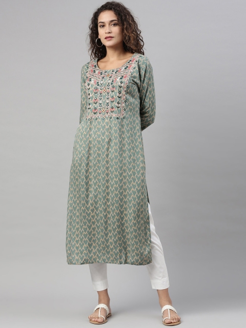 

Neerus Women Turquoise Blue Ethnic Motifs Printed Thread Work Kurta