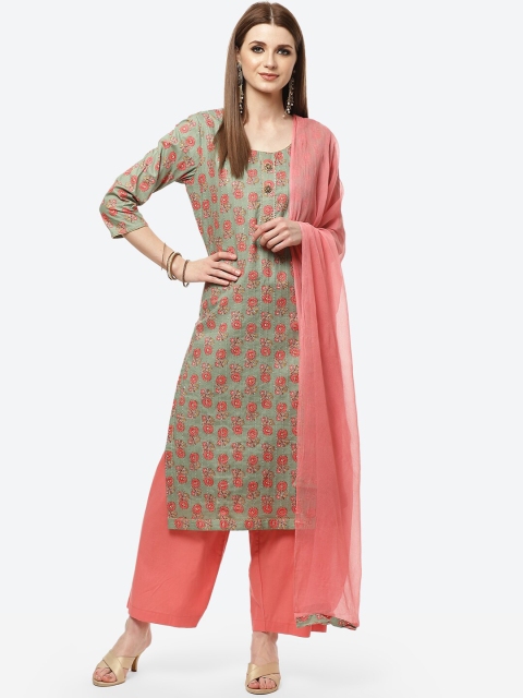 

Meena Bazaar Green & Pink Printed Pure Cotton Unstitched Dress Material