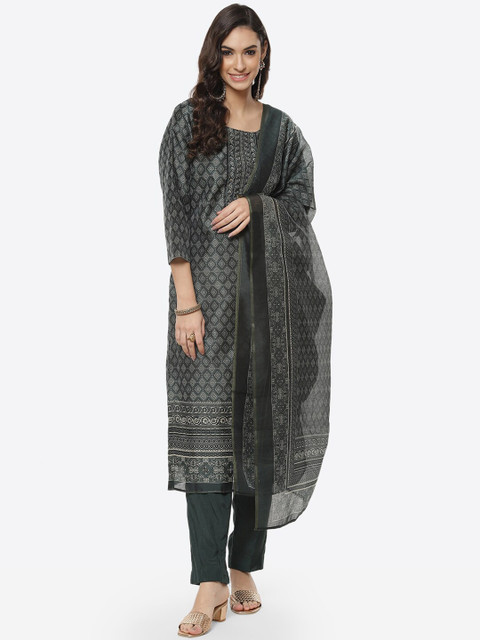 

Meena Bazaar Green & Beige Printed Unstitched Dress Material